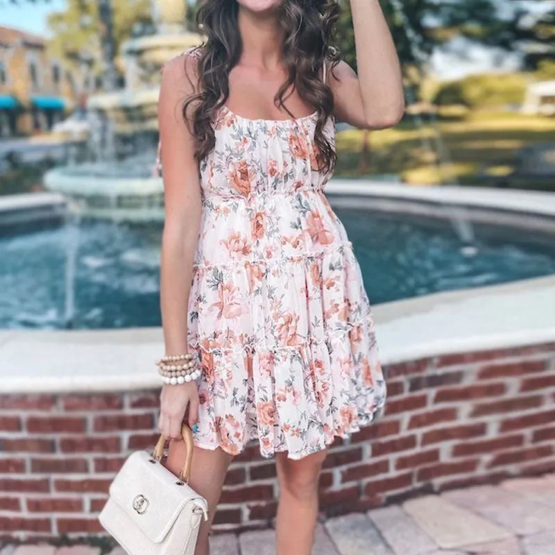 Vacation-style Sexy Printed Spaghetti Strap Chiffon Bohemian Beach Dress