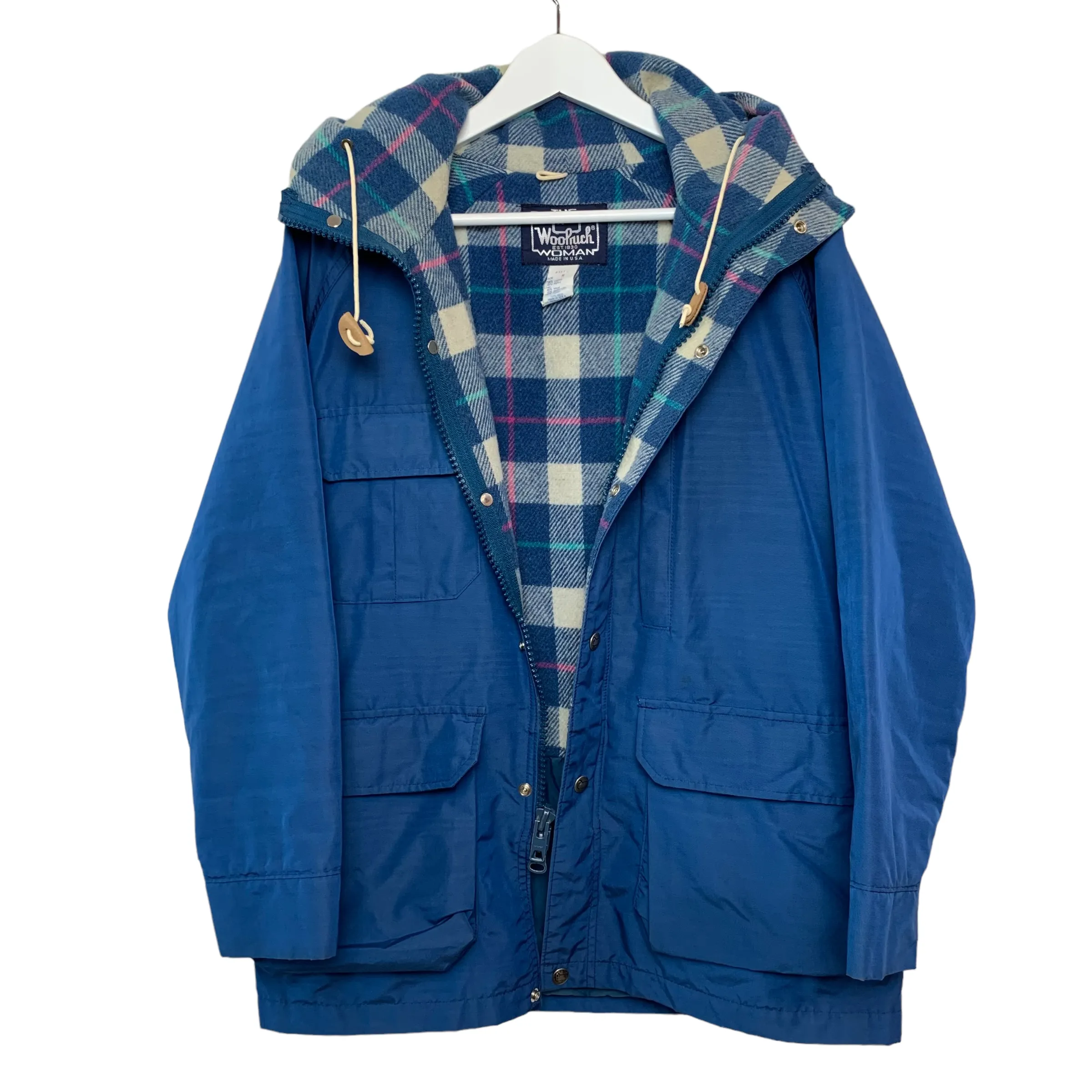 Vintage 70s 80s Woolrich Woman Blue Jacket Hooded Field Chore Parka Plaid Wool Medium