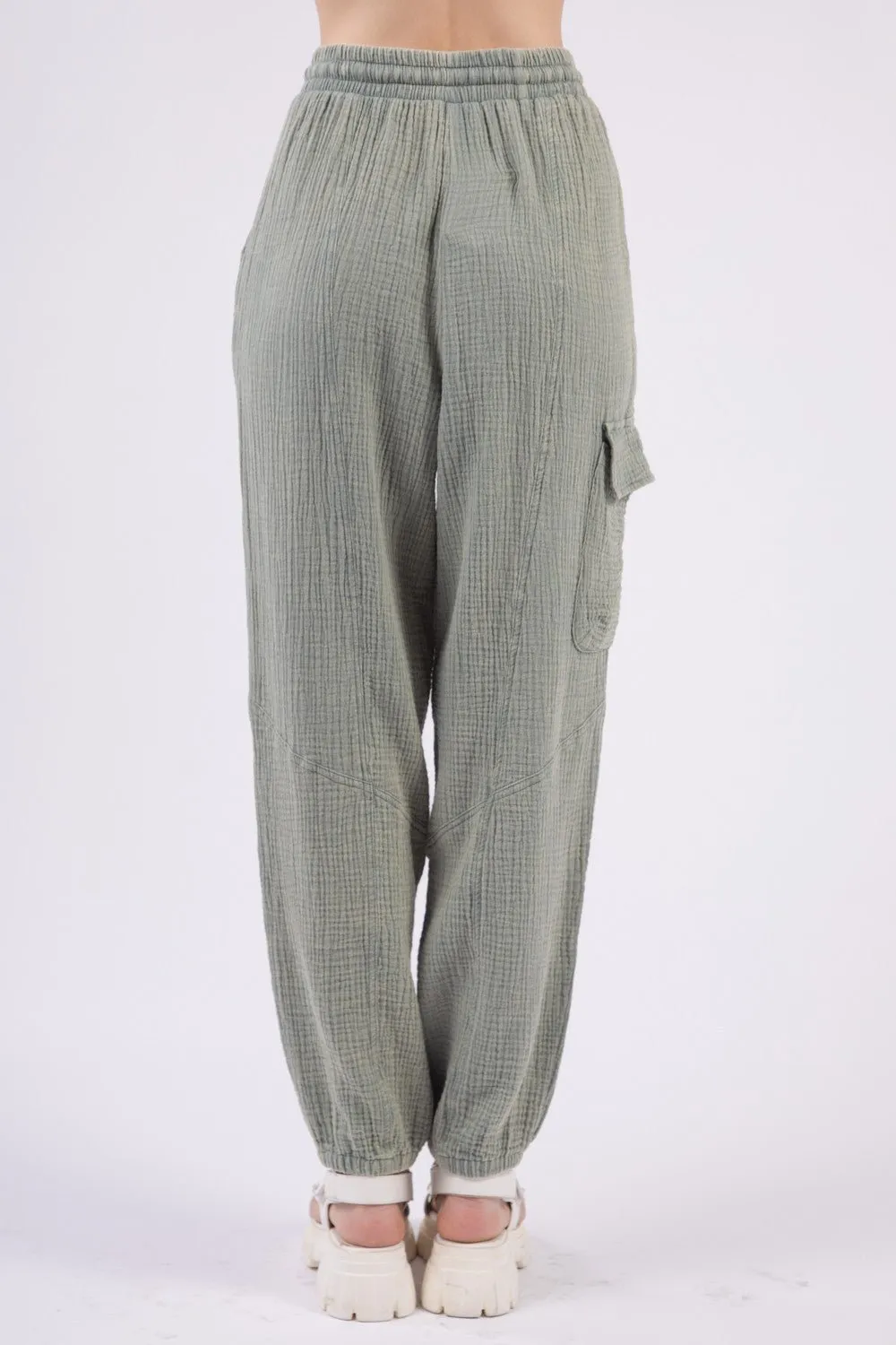 Washed Cotton Gauze Cargo Joggers in Sage