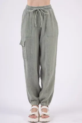 Washed Cotton Gauze Cargo Joggers in Sage