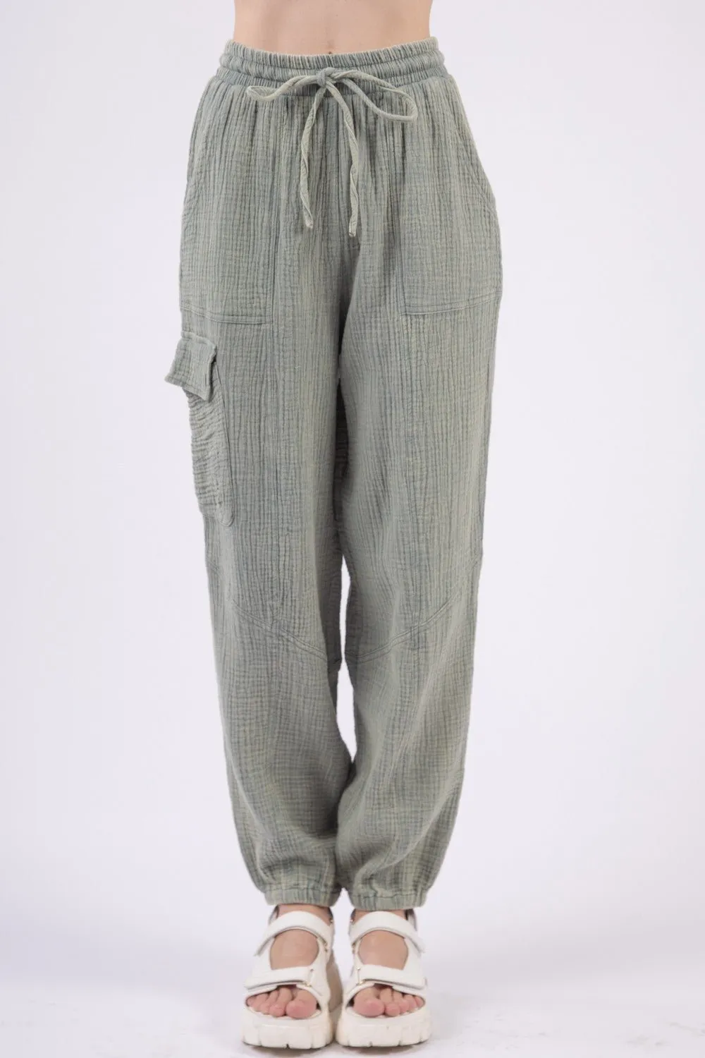 Washed Cotton Gauze Cargo Joggers in Sage