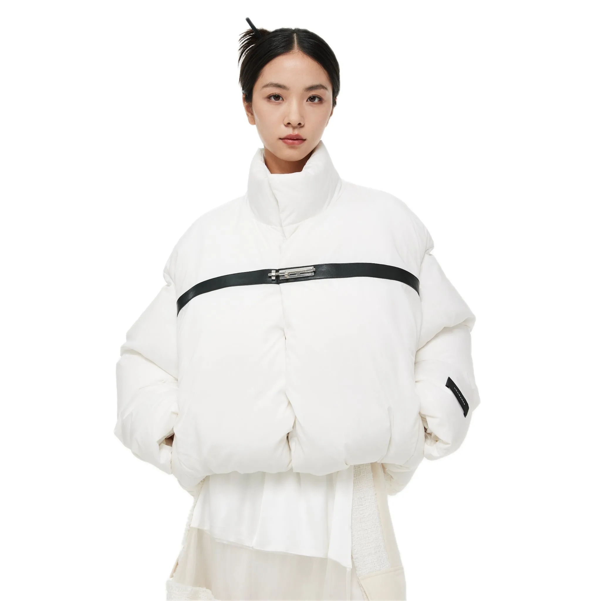 White Customized Bolt Buckle Geometric Contrast Down Jacket