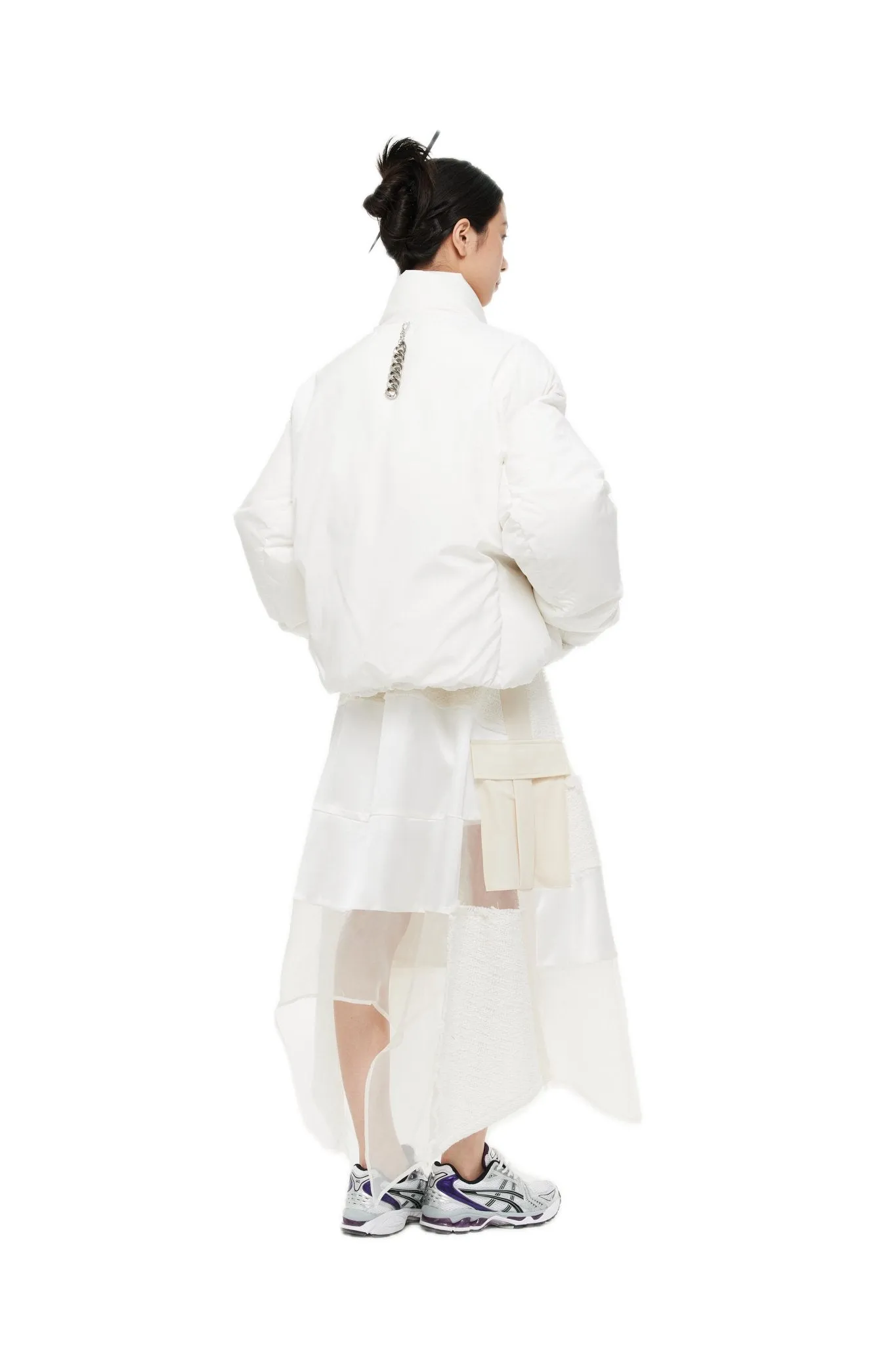 White Customized Bolt Buckle Geometric Contrast Down Jacket