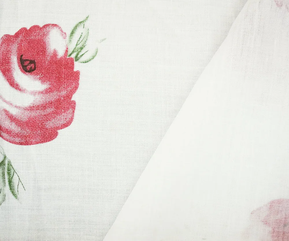 White-Pink-Multi Floral Lily Printed Linen Woven Fabric