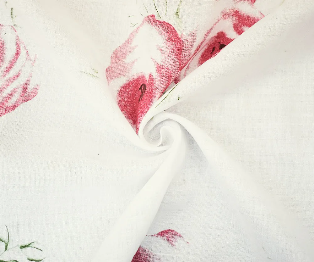White-Pink-Multi Floral Lily Printed Linen Woven Fabric
