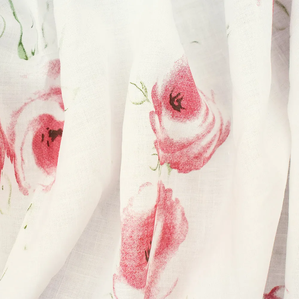 White-Pink-Multi Floral Lily Printed Linen Woven Fabric
