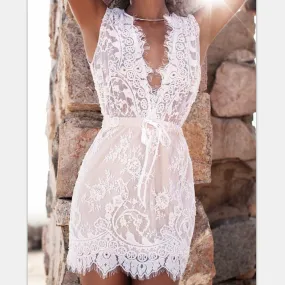 White Transparent Deep V-neck Sleeveless Lace Short Dress