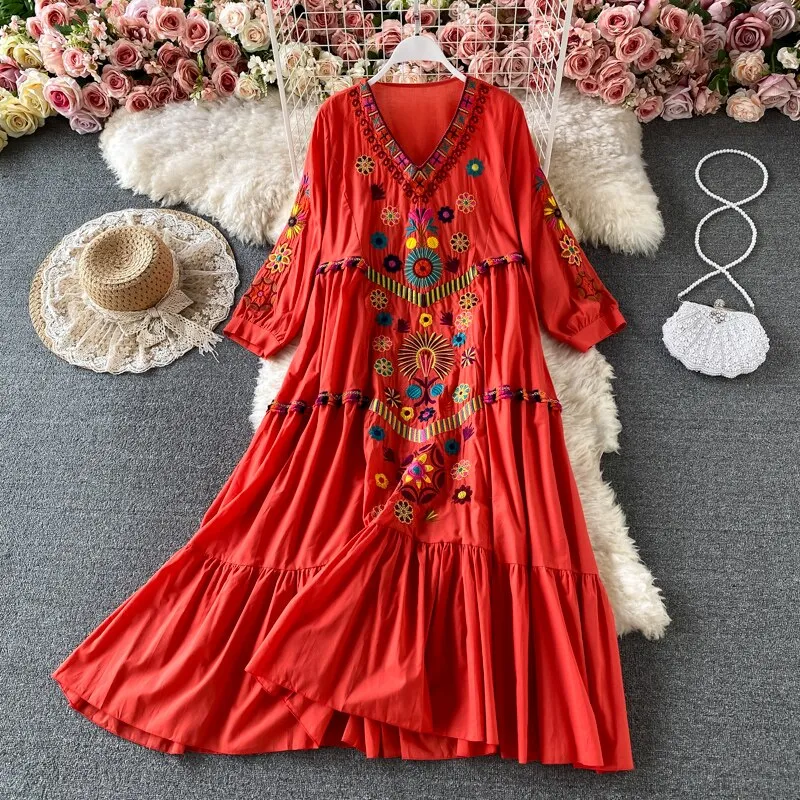 Women Bohemian Embroidered V-Neck Dress