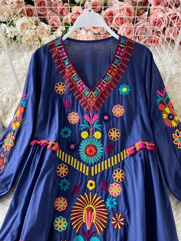 Women Bohemian Embroidered V-Neck Dress