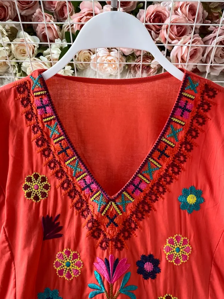 Women Bohemian Embroidered V-Neck Dress