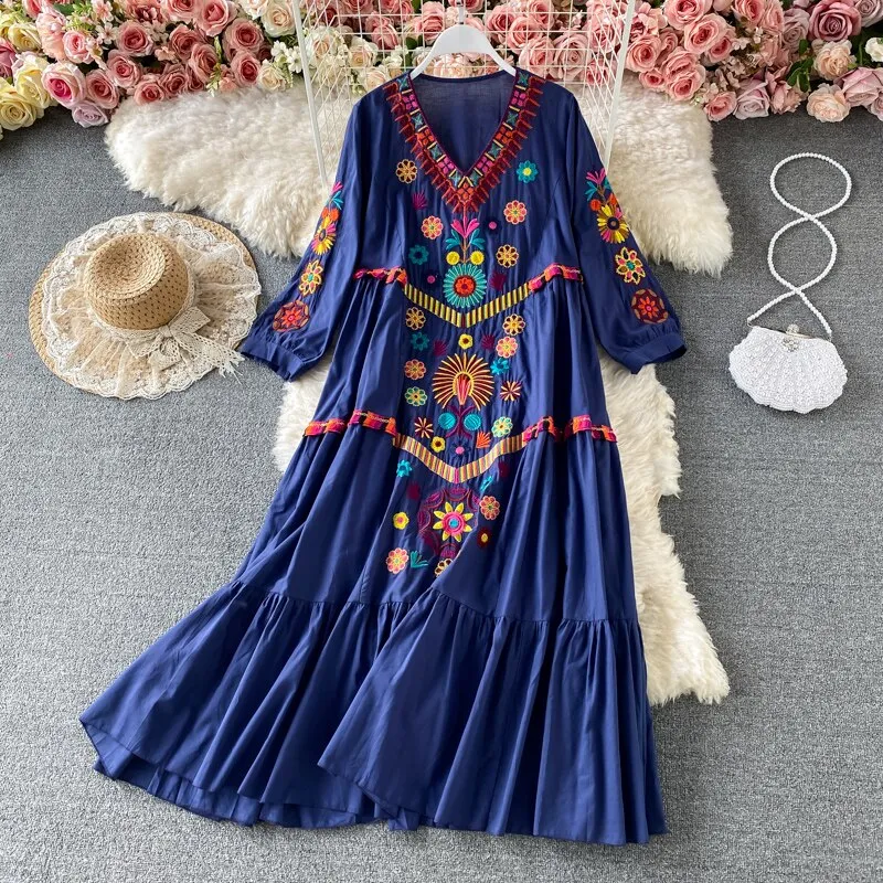 Women Bohemian Embroidered V-Neck Dress