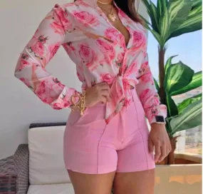 Women Turn-down Collar Floral Long Sleeve Blouses