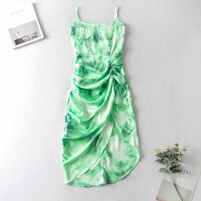 Women Vintage Yellow Tie dye Flower print  Spaghetti Strap Dress
