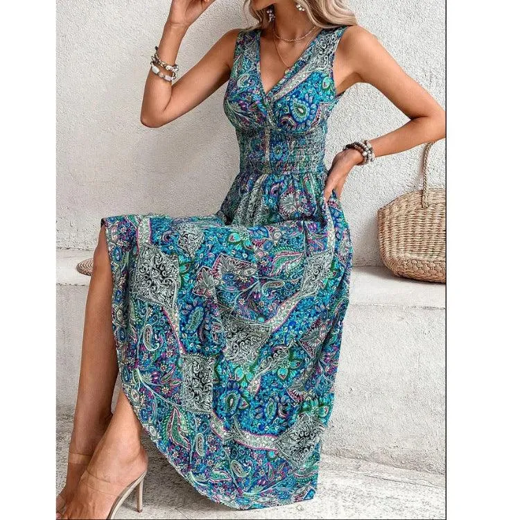 Women's Clothing Cross-border New Fashion Temperament High Waist Sleeveless Bohemian Dress