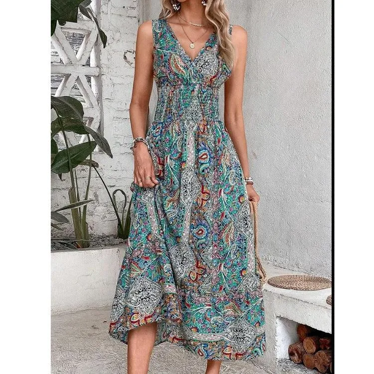 Women's Clothing Cross-border New Fashion Temperament High Waist Sleeveless Bohemian Dress