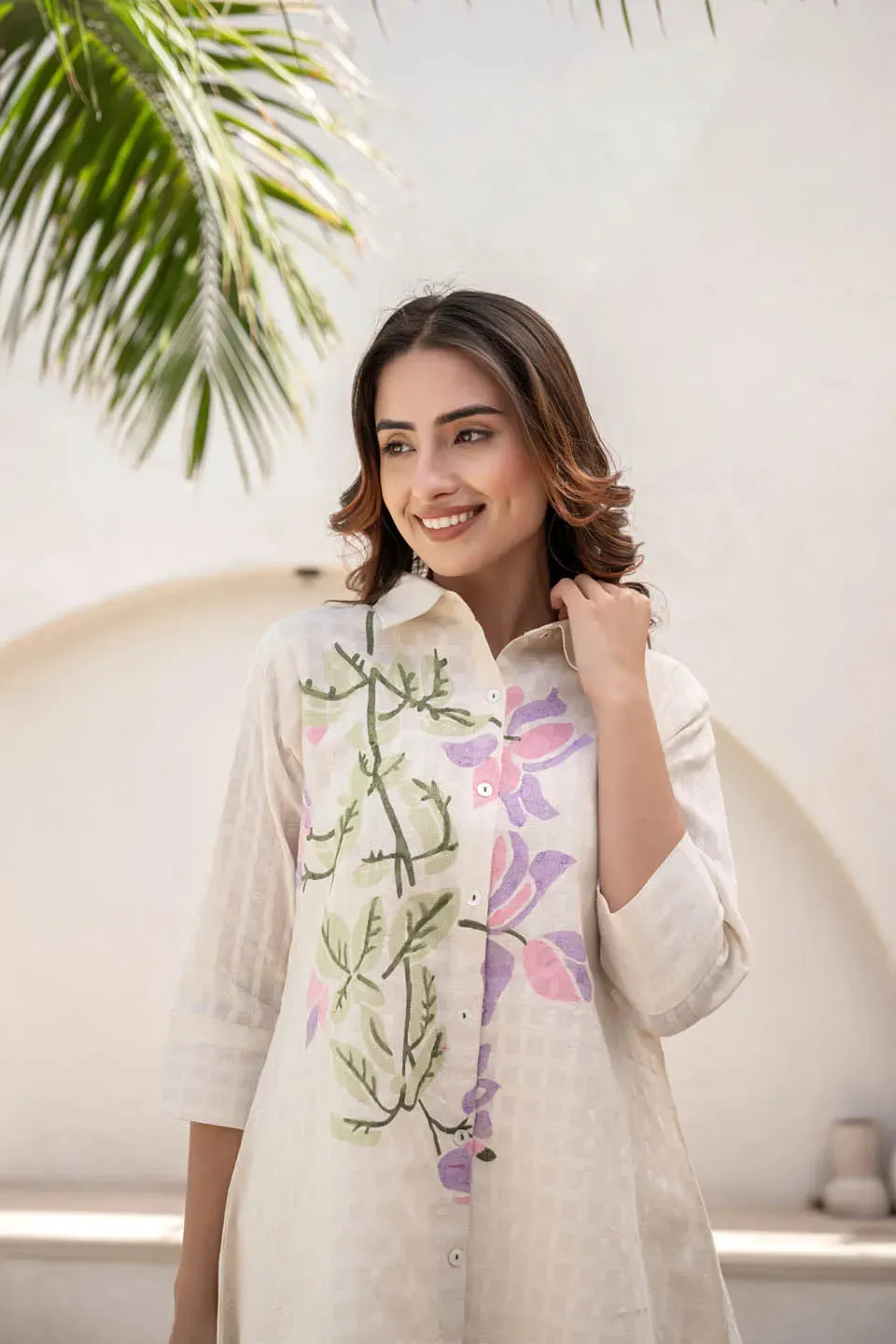 WOMEN'S OFF-WHITE COTTON DOBI SET WITH FLOWER PRINT