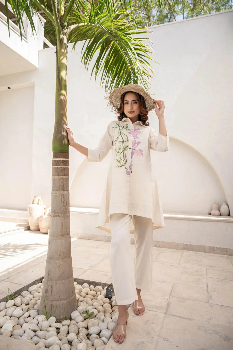 WOMEN'S OFF-WHITE COTTON DOBI SET WITH FLOWER PRINT