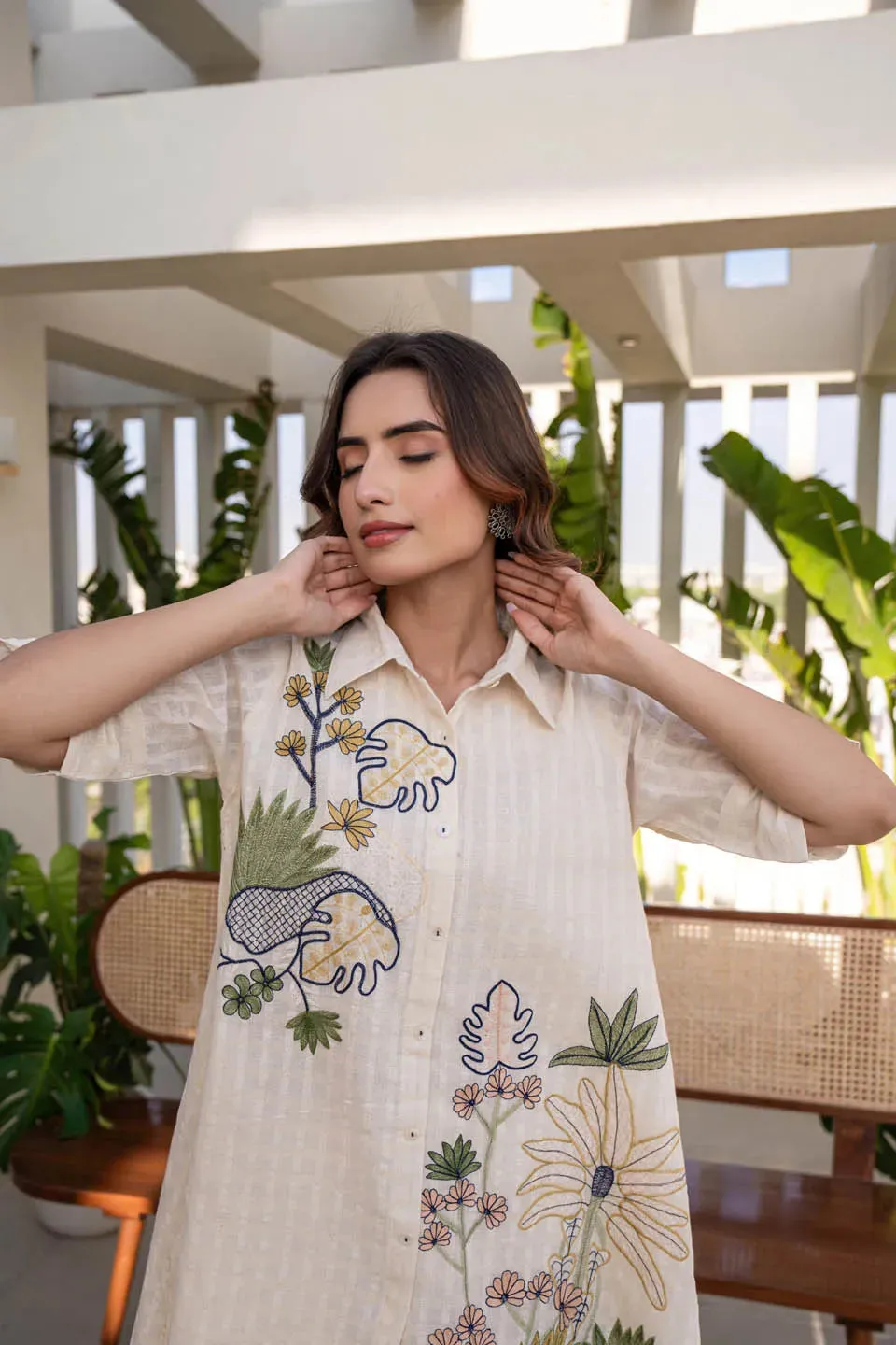 WOMEN'S OFF-WHITE COTTON EMBROIDERED COORD SET