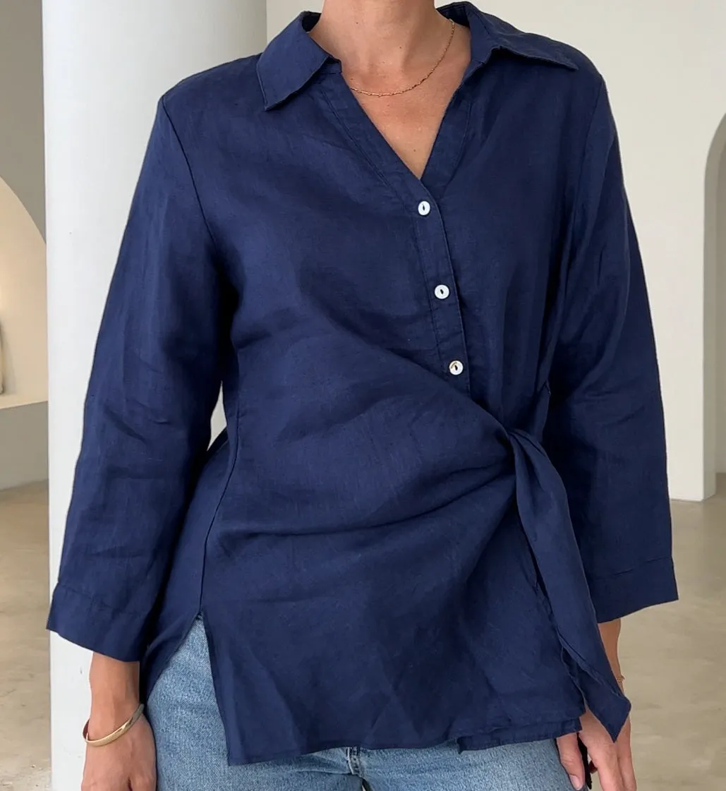 Worthier Danica Linen Tie Front Shirt Candy Pink S/M