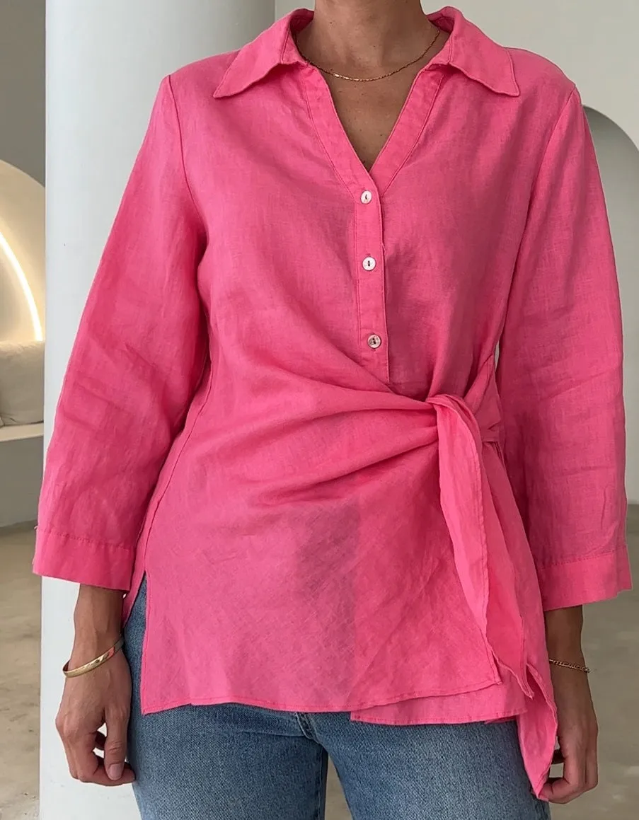 Worthier Danica Linen Tie Front Shirt Candy Pink S/M
