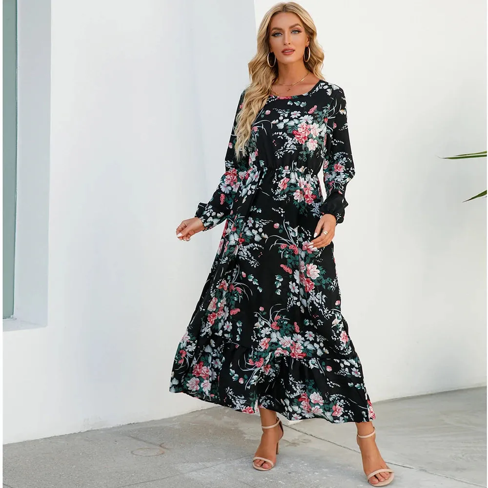 XIBUSANA 2024 Spring Summer Bohemian Women Maxi Dress - Casual Long Sleeve High Waist Beach Chiffon Floral Dress
