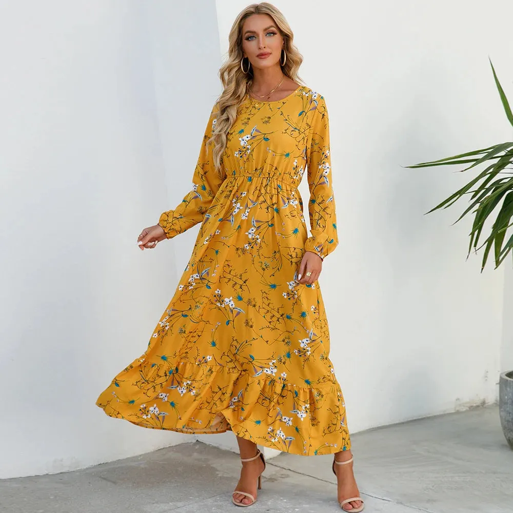 XIBUSANA 2024 Spring Summer Bohemian Women Maxi Dress - Casual Long Sleeve High Waist Beach Chiffon Floral Dress