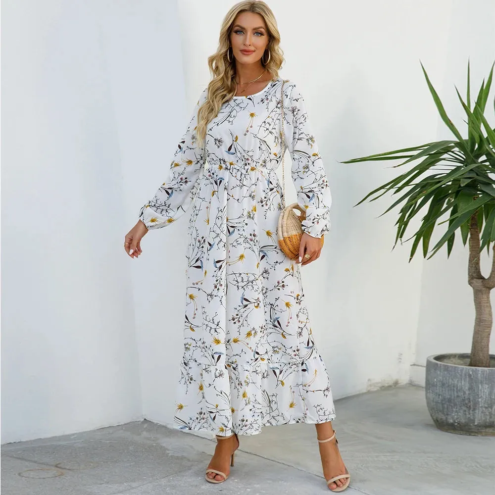 XIBUSANA 2024 Spring Summer Bohemian Women Maxi Dress - Casual Long Sleeve High Waist Beach Chiffon Floral Dress