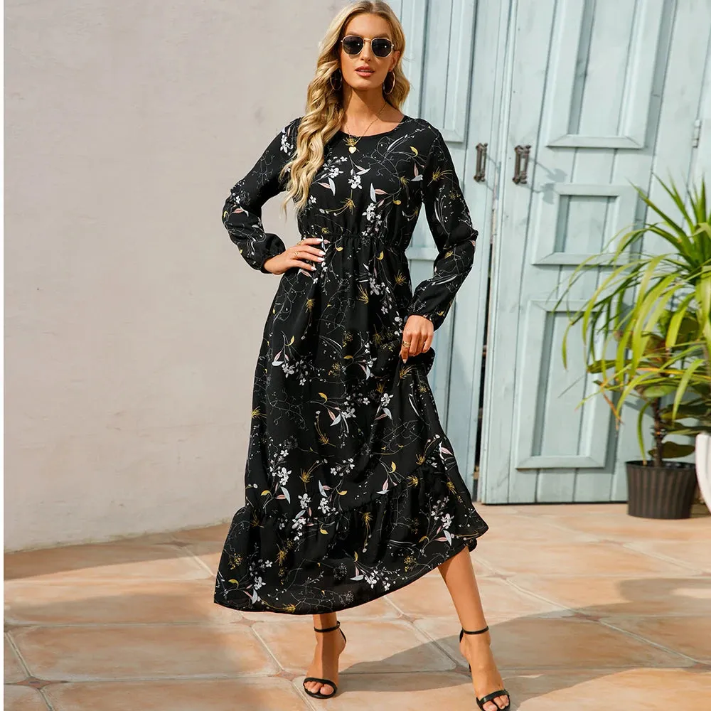 XIBUSANA 2024 Spring Summer Bohemian Women Maxi Dress - Casual Long Sleeve High Waist Beach Chiffon Floral Dress