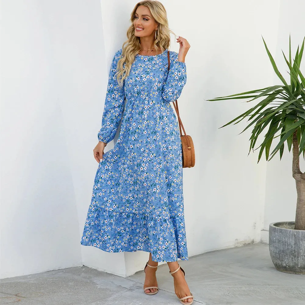 XIBUSANA 2024 Spring Summer Bohemian Women Maxi Dress - Casual Long Sleeve High Waist Beach Chiffon Floral Dress