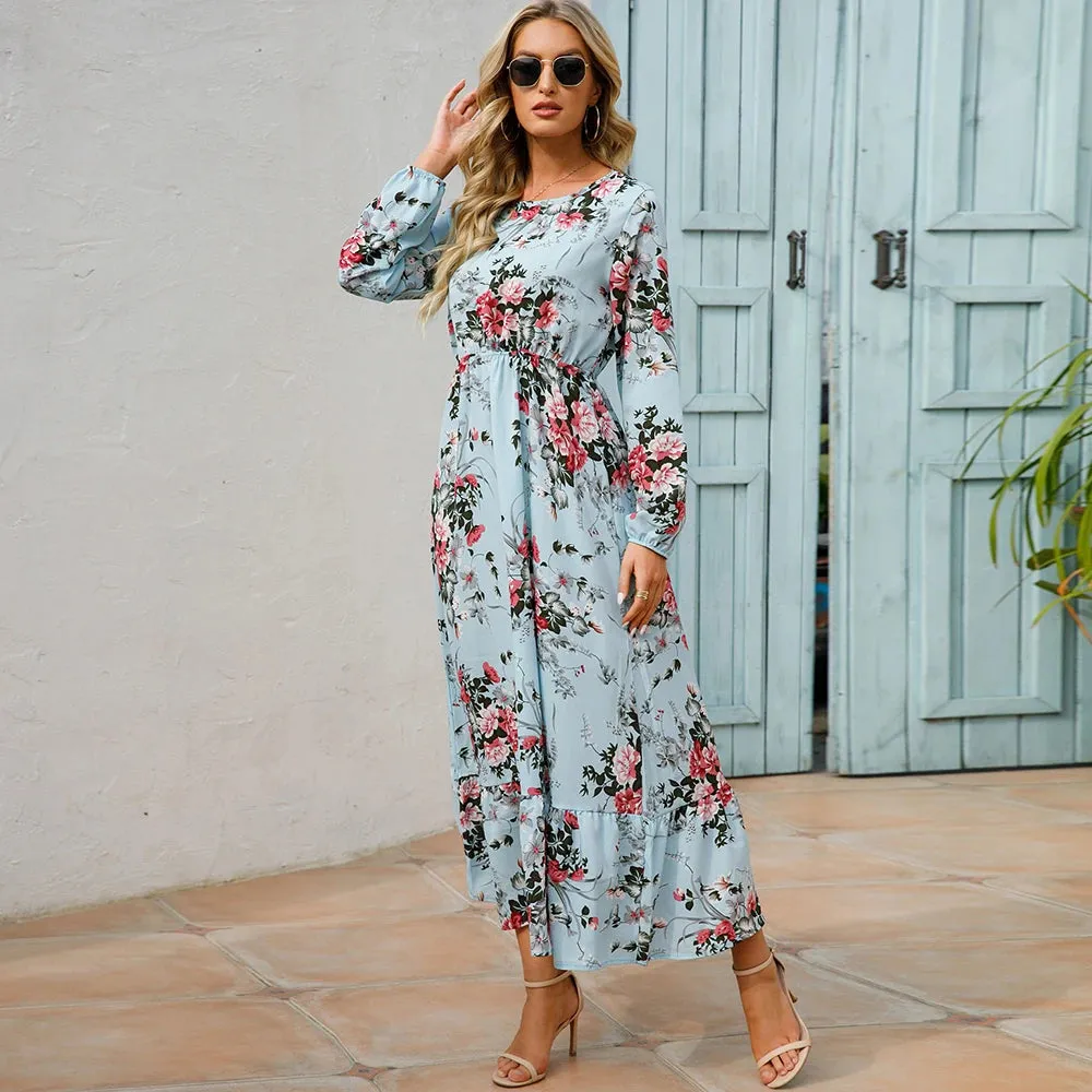 XIBUSANA 2024 Spring Summer Bohemian Women Maxi Dress - Casual Long Sleeve High Waist Beach Chiffon Floral Dress