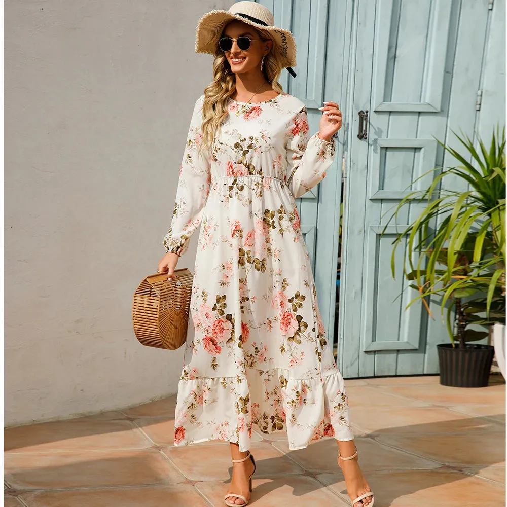 XIBUSANA 2024 Spring Summer Bohemian Women Maxi Dress - Casual Long Sleeve High Waist Beach Chiffon Floral Dress