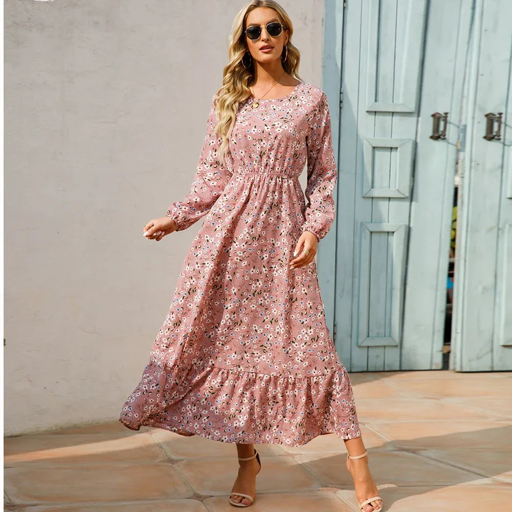 XIBUSANA 2024 Spring Summer Bohemian Women Maxi Dress - Casual Long Sleeve High Waist Beach Chiffon Floral Dress