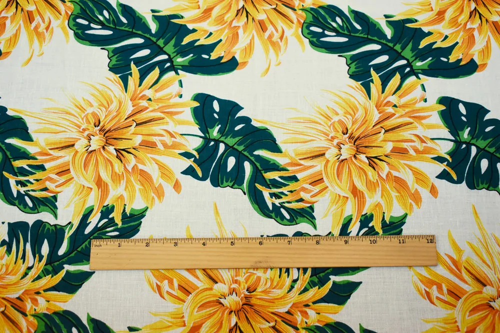 Yellow-Green-White Floral Printed Linen Woven Fabric